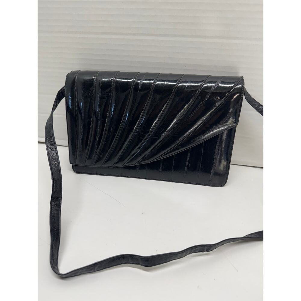 VTG Genuine Eel Skin Black Convertible Crossbody Clutch Bag Retro Statement
